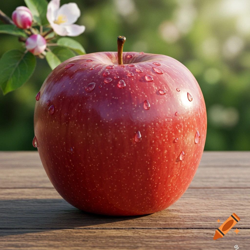 Photorealistic close-up of a vibrant red apple covered in water droplets on a wooden surface, with blooming apple blossoms in soft focus.