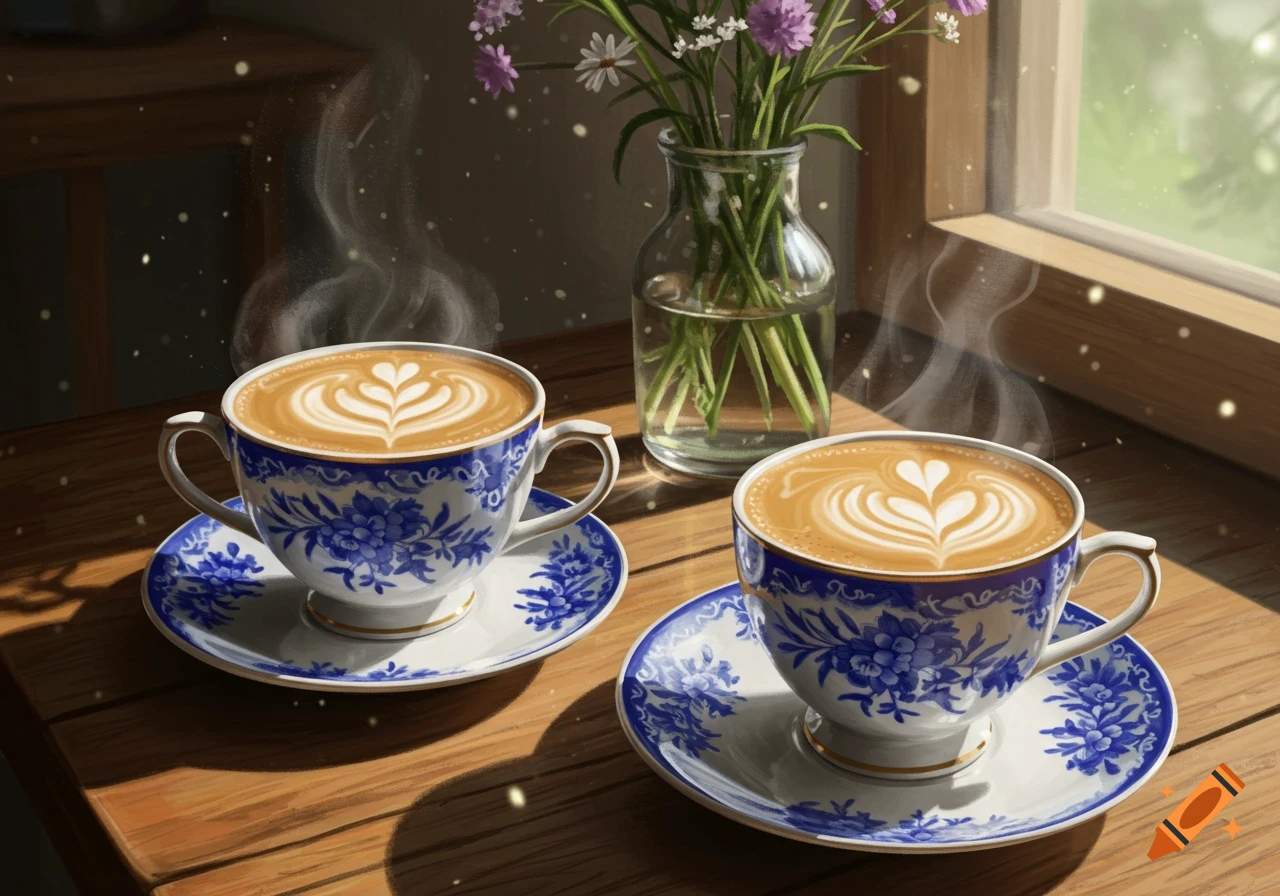 Two steaming lattes with heart art in blue and white floral cups on a wooden table by a window, next to a vase of flowers.