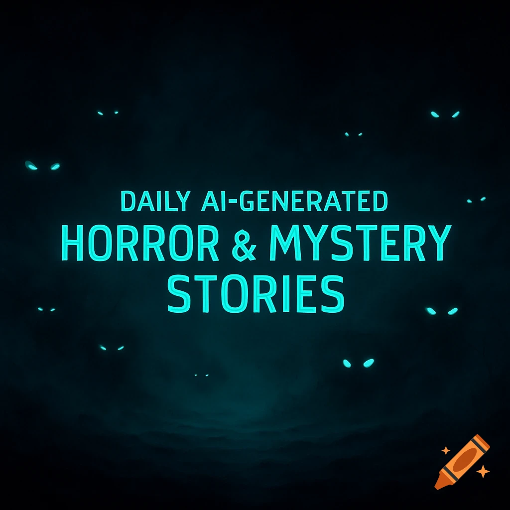 A dark, foggy background with many pairs of glowing blue eyes surrounding neon blue text that reads "DAILY AI-GENERATED HORROR & MYSTERY STORIES".