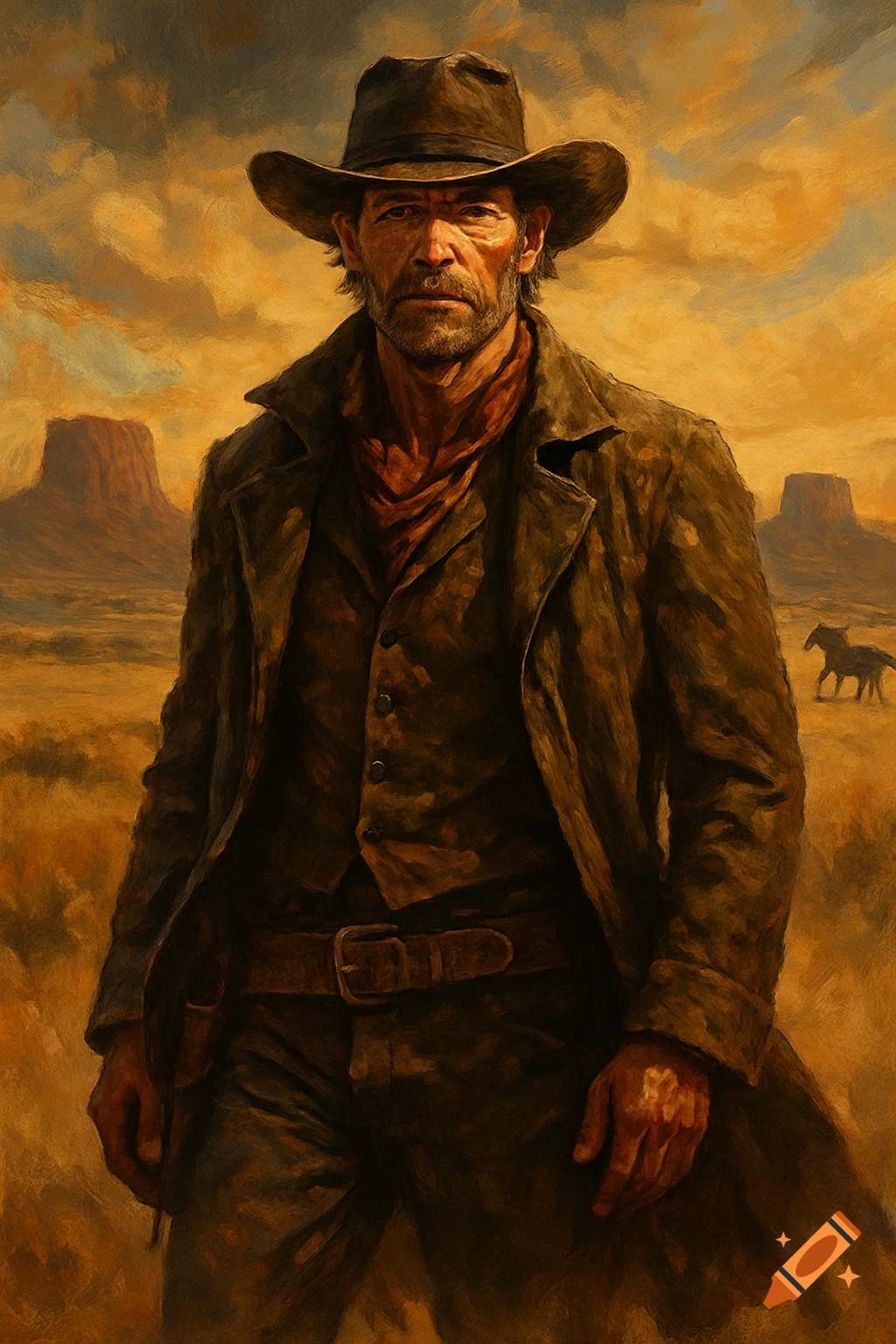 Painterly portrait of a rugged cowboy in a hat and duster coat, standing in a desert with mesas and a distant horse.