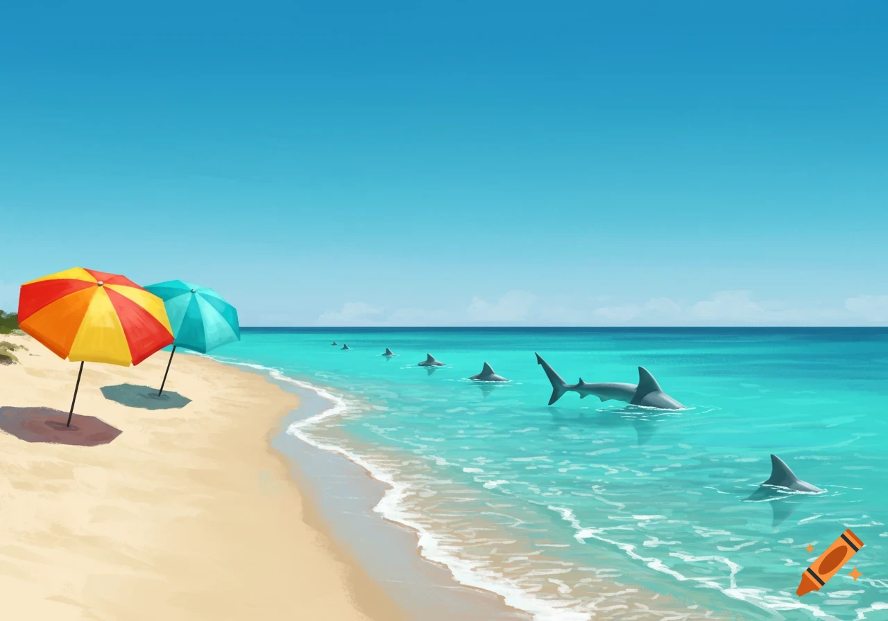 A stylized beach scene with two colorful umbrellas on golden sand and several sharks swimming in clear turquoise water under a blue sky.