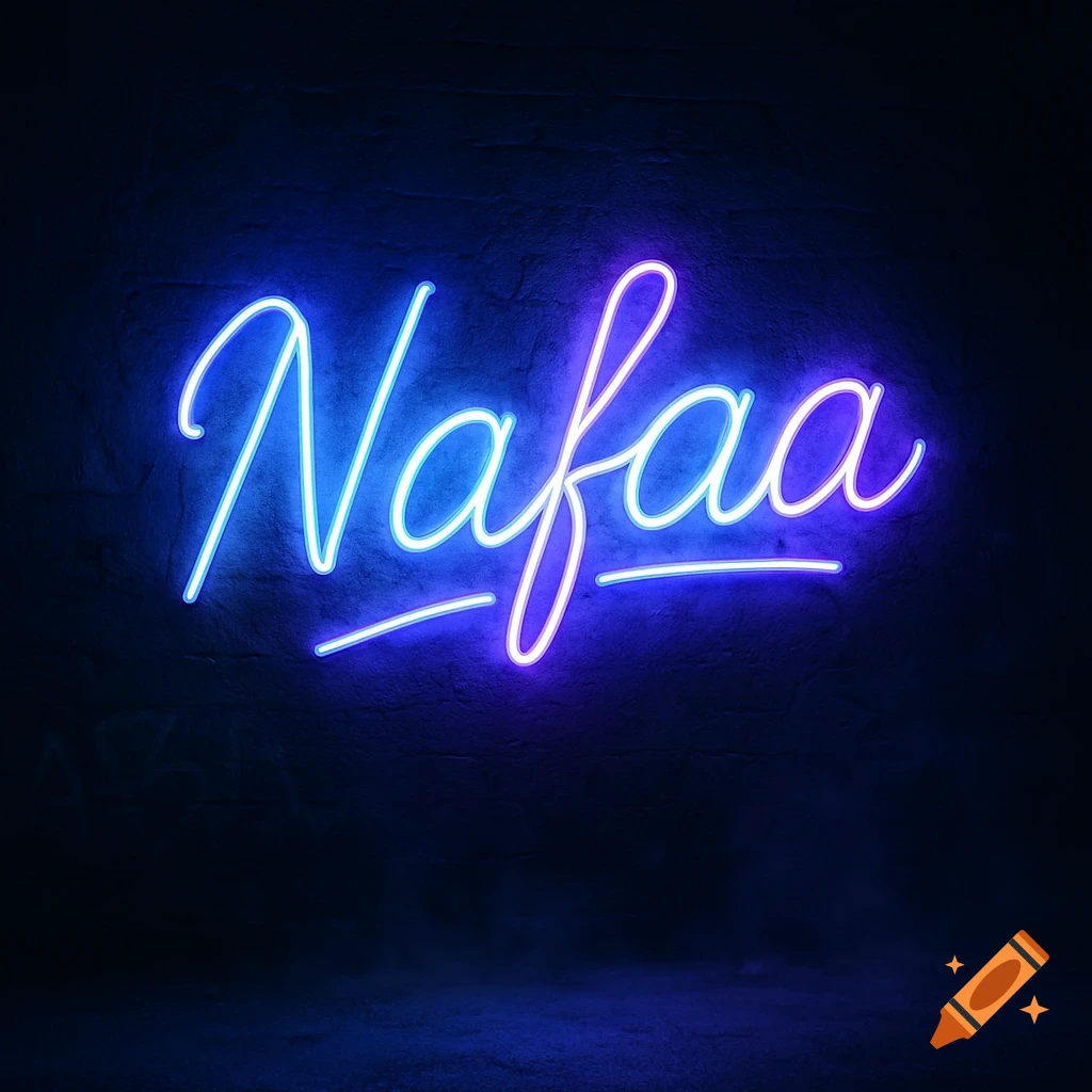Neon sign spelling 'Nafaa' in blue and purple on a dark, textured wall.