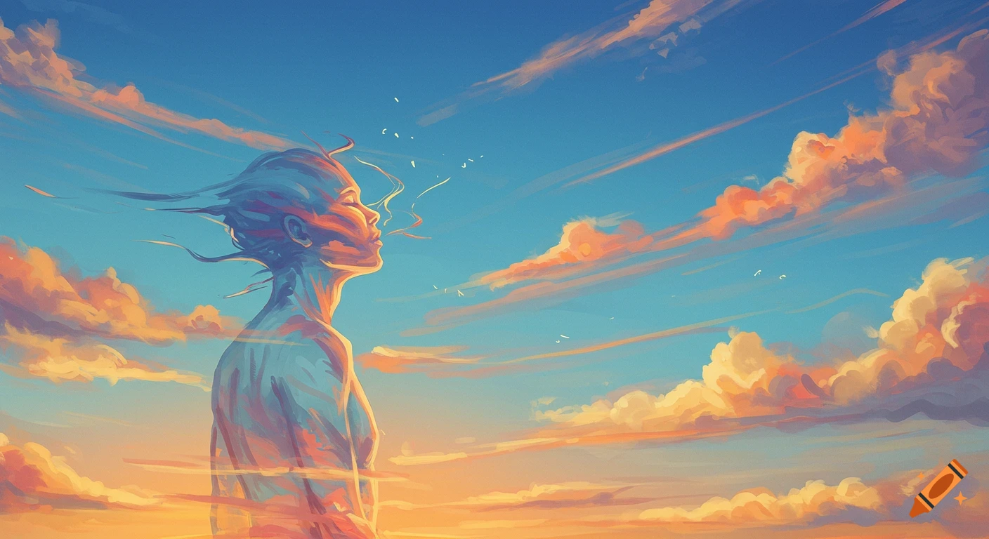 Stylized person breathing deeply, looking up at a vibrant blue and orange sky with wispy clouds.