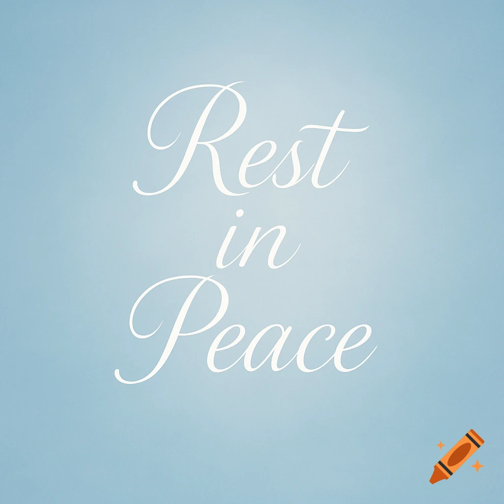 White cursive text 'Rest in Peace' on a light blue background.