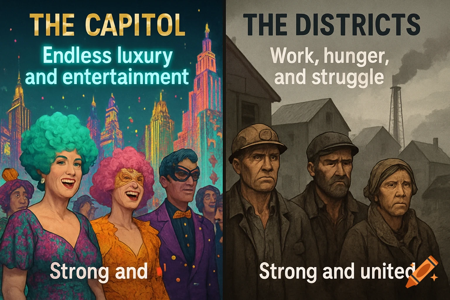 A split image contrasting two societies. The left, "The Capitol," shows brightly colored, lavishly dressed people with a vibrant cityscape. The right, "The Districts," shows grim, working-class people in muted tones with an industrial, rundown background. Text on the left says "Endless luxury and entertainment" and "Strong and"; on the right, "Work, hunger, and struggle" and "Strong and united".