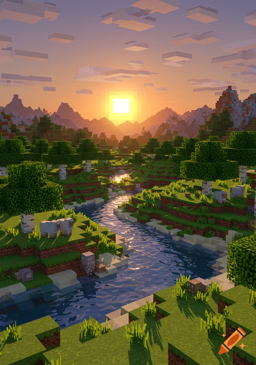 A blocky Minecraft-style landscape featuring a river winding through green hills with trees and mountains, under an orange sunset.