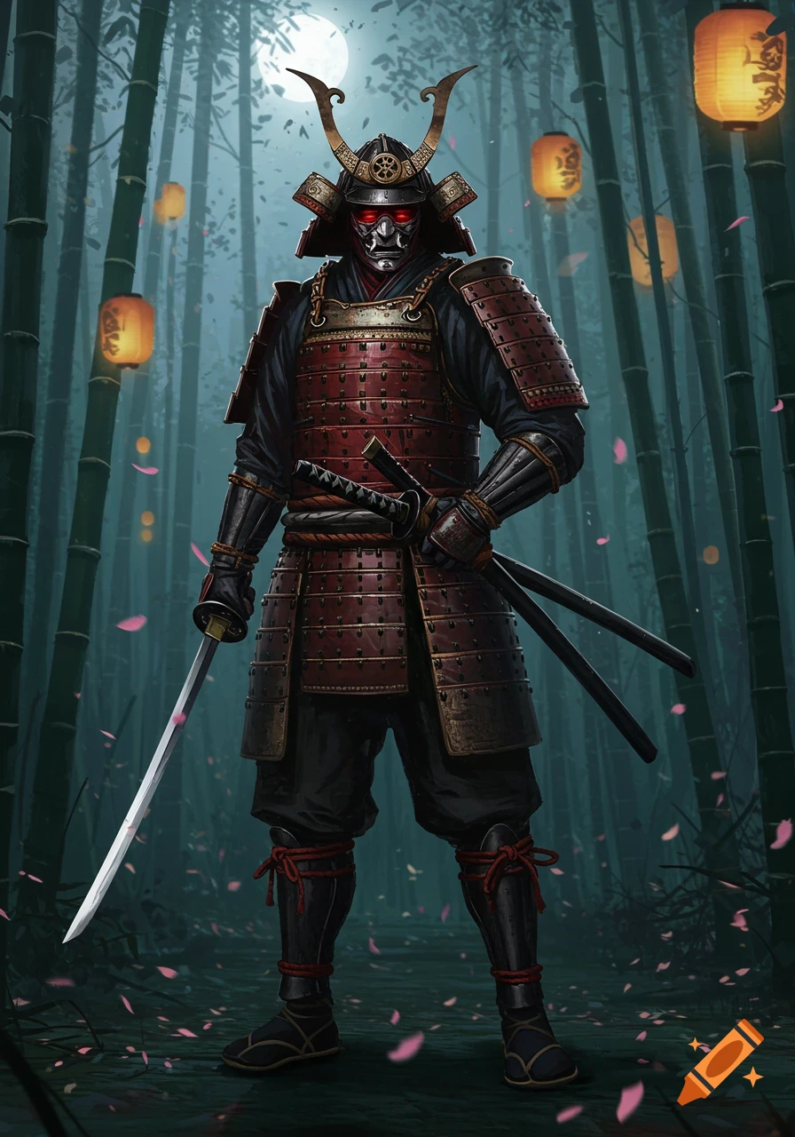 A stoic samurai in ornate red and black armor with glowing red eyes, holding a katana, stands in a mystical bamboo forest at night under a full moon, with glowing lanterns and pink petals scattered around.