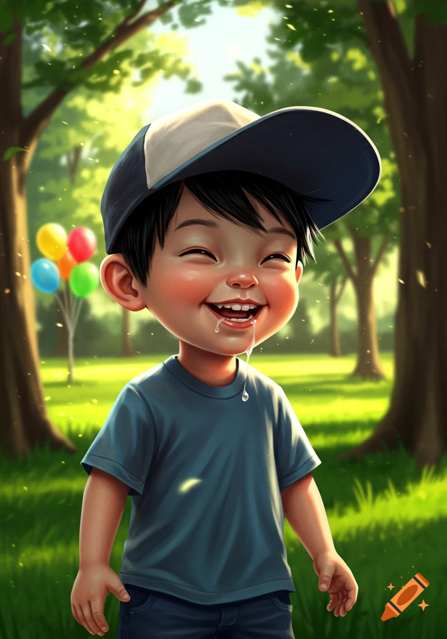 A happy cartoon boy with black hair and a baseball cap, smiling and drooling in a sunny park with balloons.