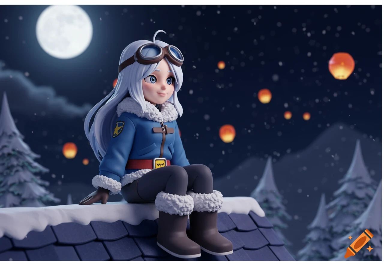 A 3D-rendered anime girl with silver hair, goggles, and a blue fur-lined jacket sits on a snowy rooftop at night, under a full moon and floating lanterns.