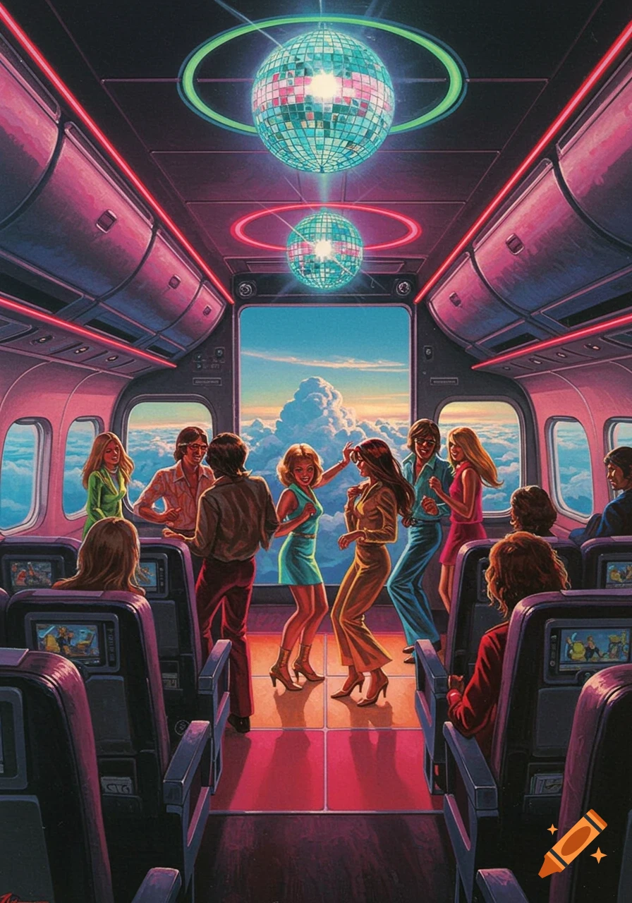 An illustrated retro-futuristic airplane interior with people dancing under neon lights and disco balls, flying above clouds.