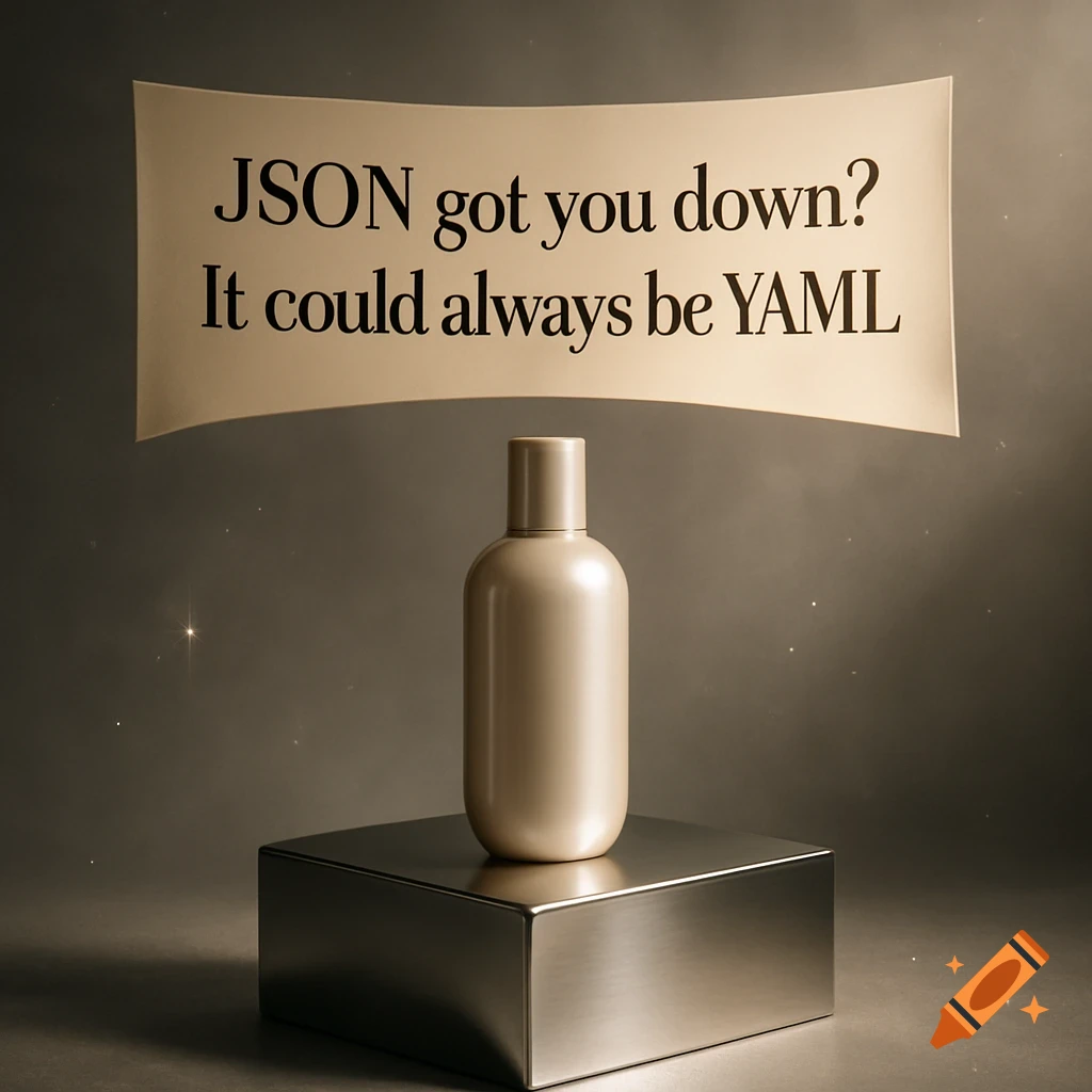 A sleek product bottle sits on a metallic cube beneath a banner that reads, 'JSON got you down? It could always be YAML.'