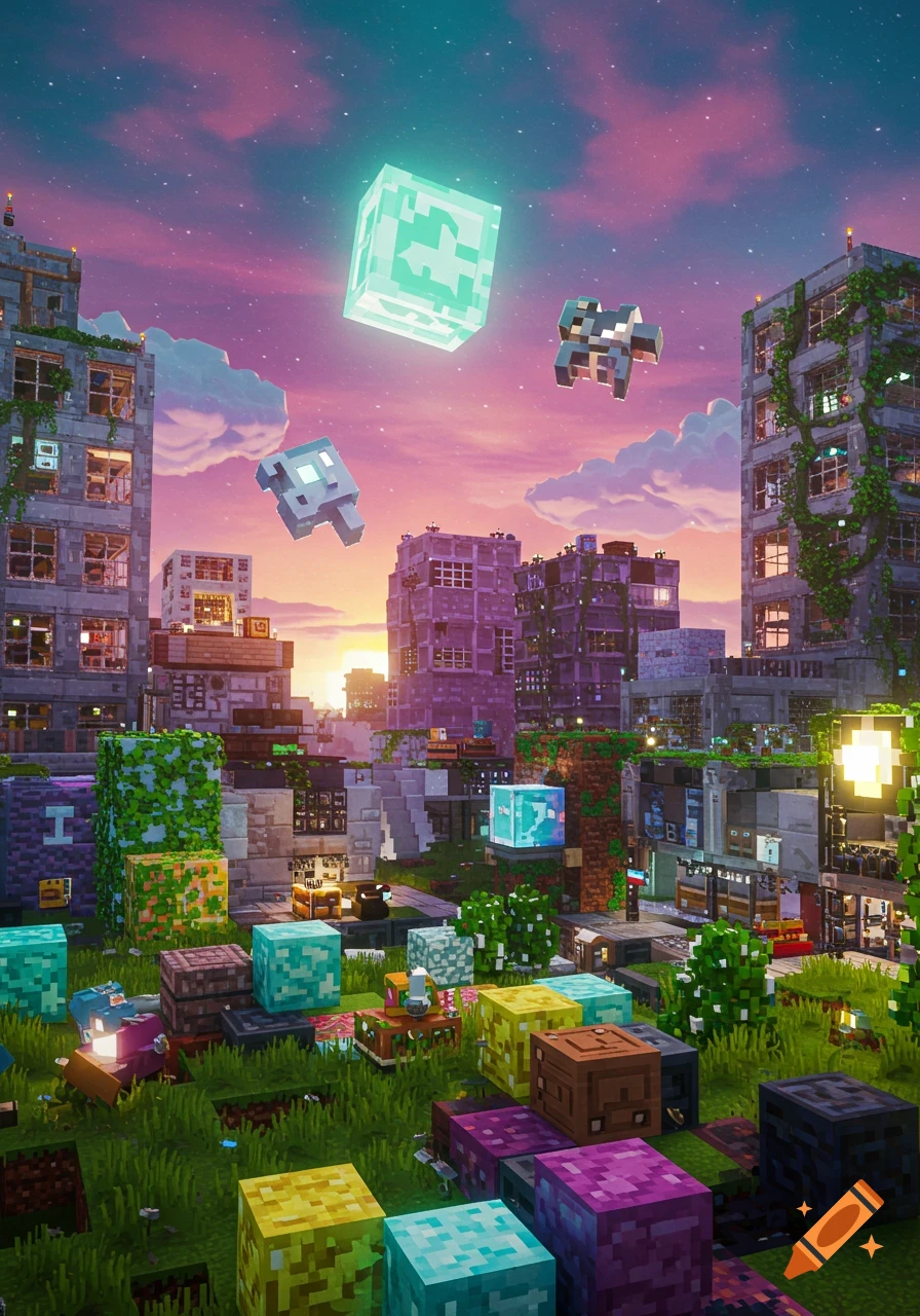 A vibrant, blocky Minecraft-style cityscape at sunset, with buildings, green ground, and glowing cubes floating in the colorful sky.