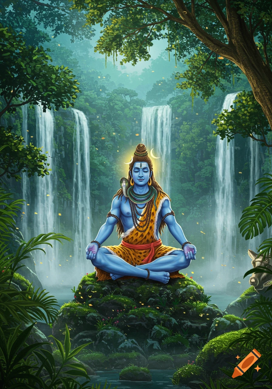 Blue-skinned Shiva in meditation on a mossy rock in a lush jungle with multiple flowing waterfalls.