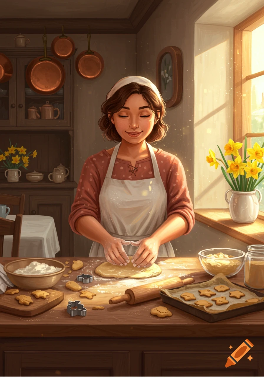 An illustrated woman happily kneads dough to make cookies in a sunlit kitchen.