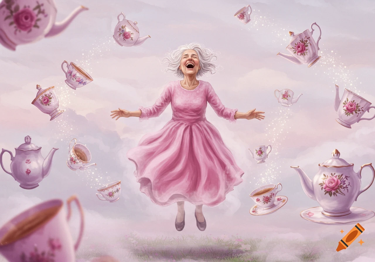 A gleeful old woman in a pink dress floats amidst floating teacups and cups against a soft pink, cloudy sky.