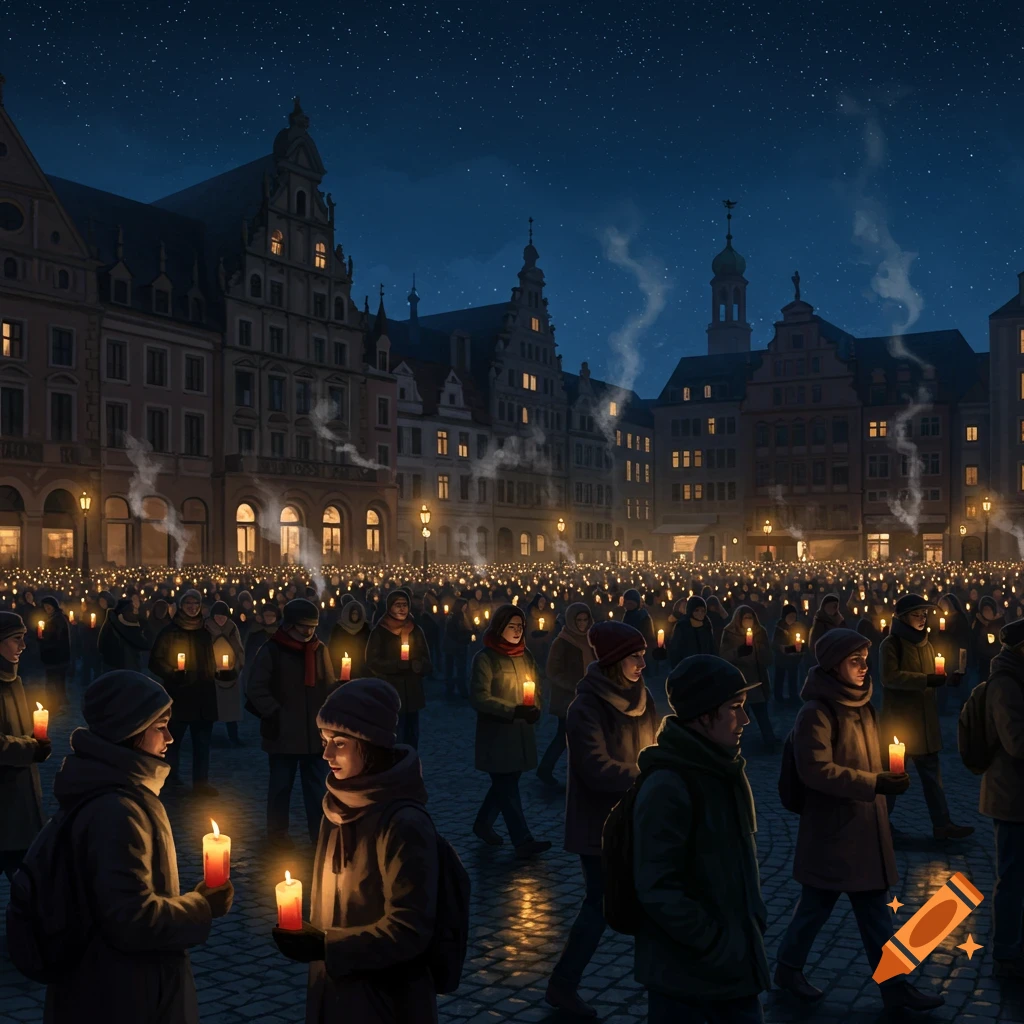 A large crowd of people hold lit candles during a peaceful night demonstration in a European city square with historic buildings.
