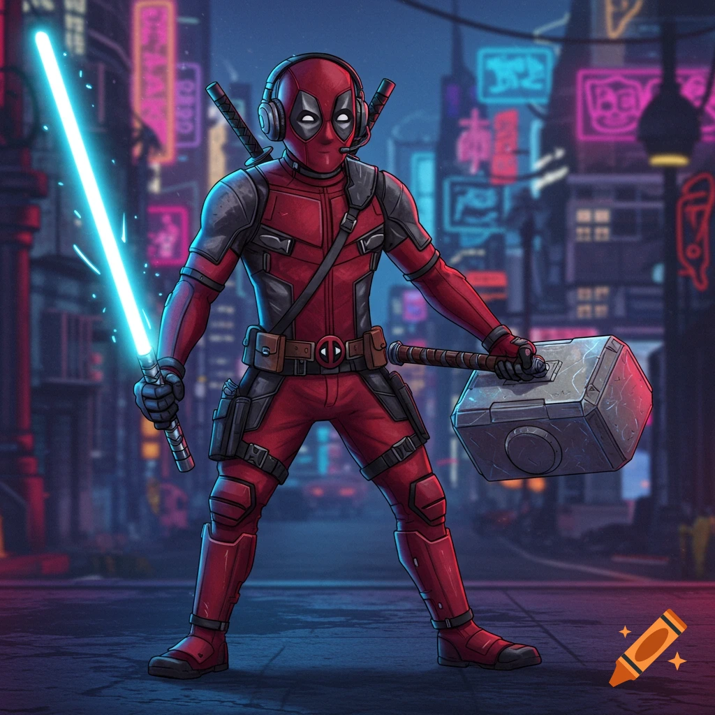 Deadpool in a red suit and headset holds a blue lightsaber and a hammer in a neon cyberpunk city.