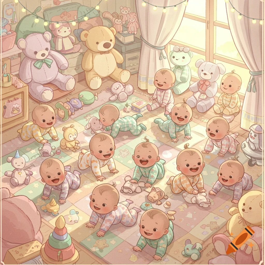 A cheerful cartoon illustration of many happy babies crawling and playing among toys in a pastel nursery.