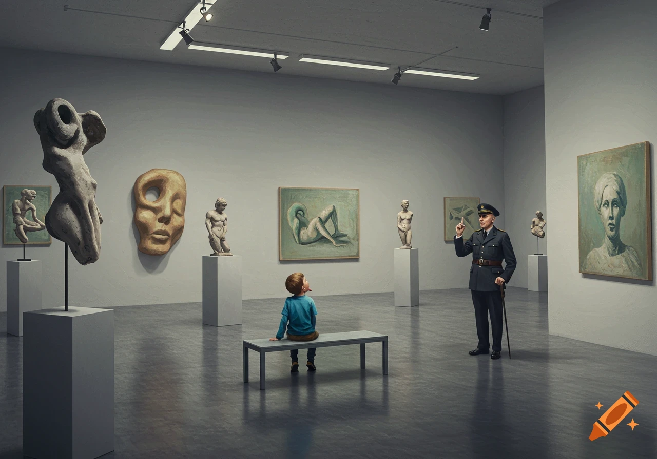 A boy on a bench sticks out his tongue at surreal sculptures and paintings in an art gallery, while a uniformed guard points.