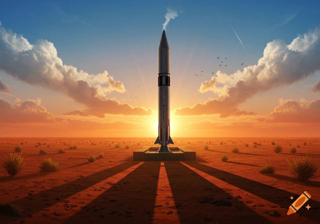 A tall rocket stands on a launchpad in a vast reddish desert under a dramatic orange and blue sunset sky with long shadows.