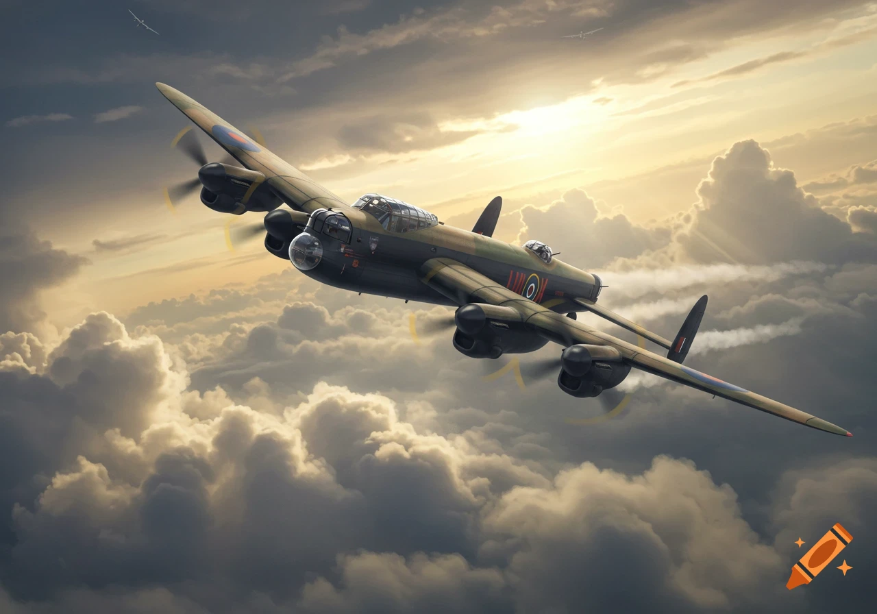A majestic WWII Lancaster bomber with roundel markings flies through a dramatic, cloudy sky at sunset.