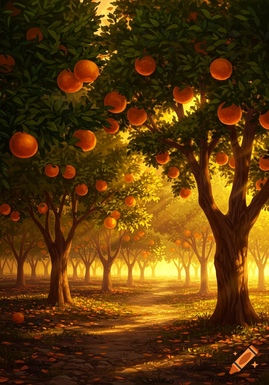 A vibrant illustration of an orange grove with a path, bathed in warm golden sunlight.