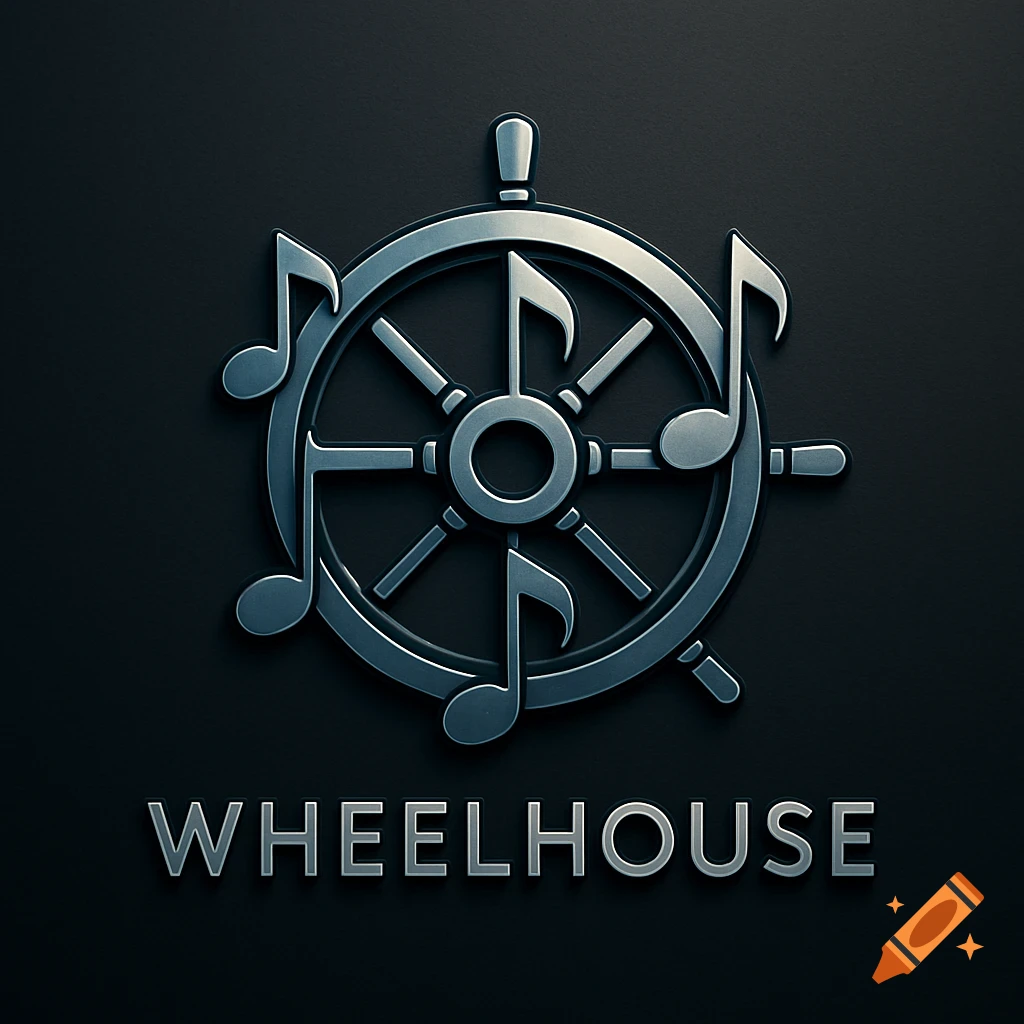 Metallic 3D logo featuring a ship's wheel with musical notes and the word 'WHEELHOUSE' below on a dark background.