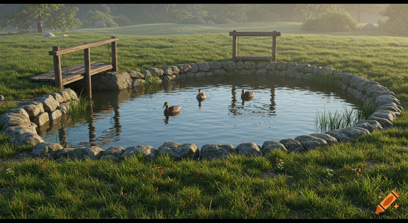 Three ducks swim in a stone-edged pond next to a wooden bridge, surrounded by green grass.