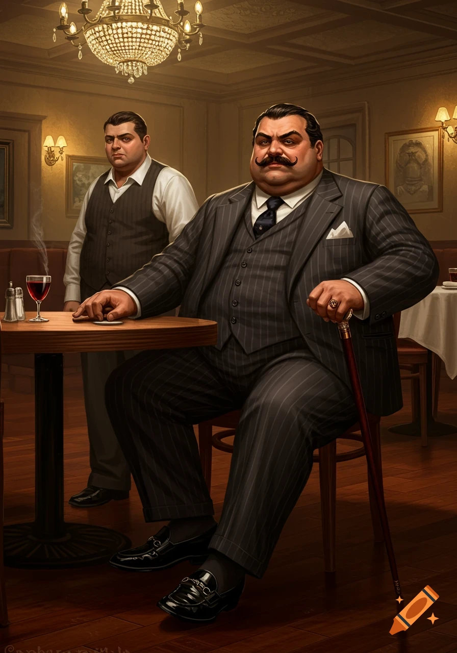 An overweight mob boss with a mustache sits at a table with a cane, while a younger, similarly built man stands behind him in a dimly lit restaurant.