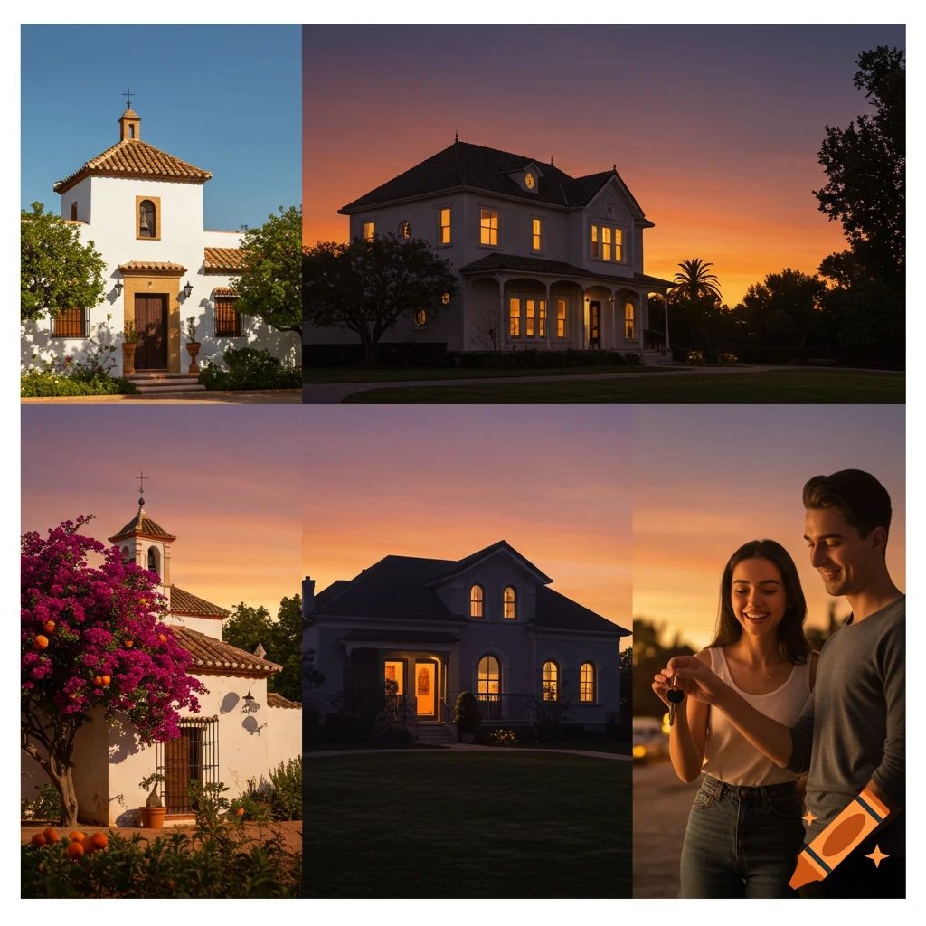 A collage of real estate images: a white chapel, several houses at sunset, and a couple holding keys.