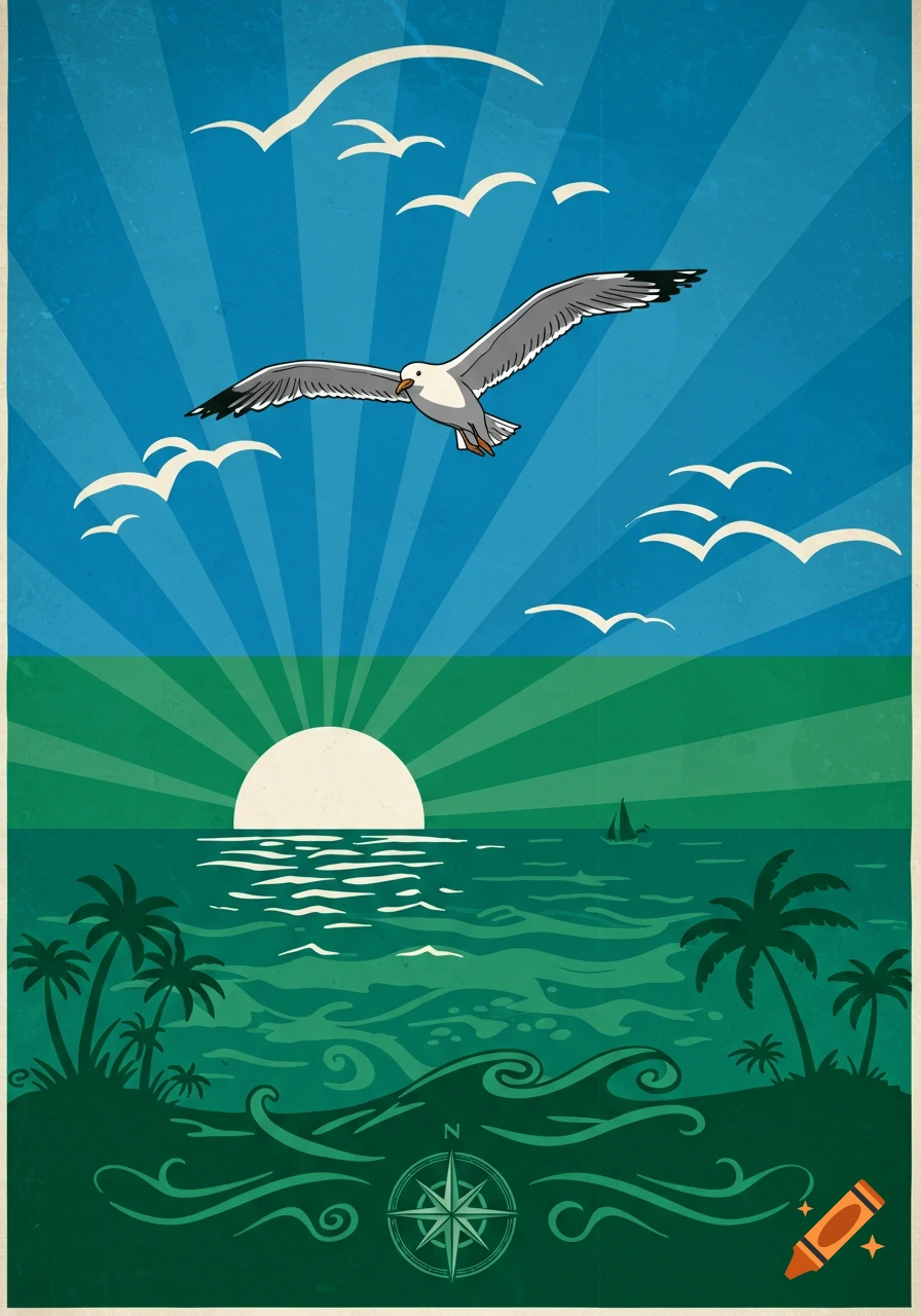 Vintage style poster of a seagull flying over a tropical island beach with palm trees, ocean, sunset, and a compass rose.