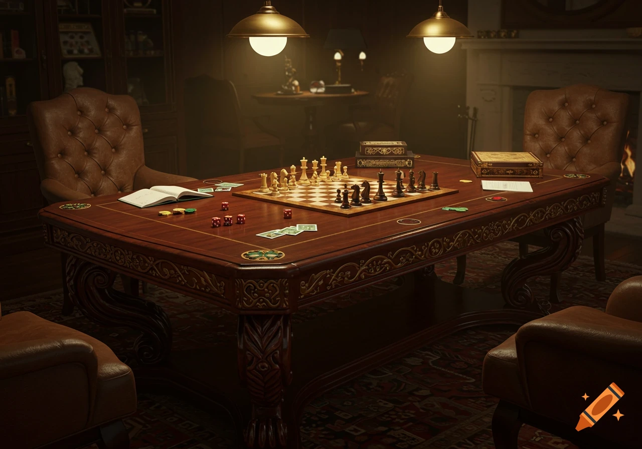 A luxurious dimly lit room with a grand wooden gaming table featuring a chess set, dice, poker chips, and an open book under warm overhead lights.