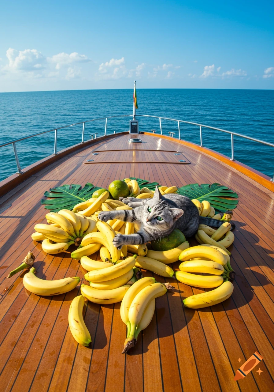 A grey tabby cat lies on a pile of bananas on the wooden deck of a yacht, with the ocean and blue sky in the background.