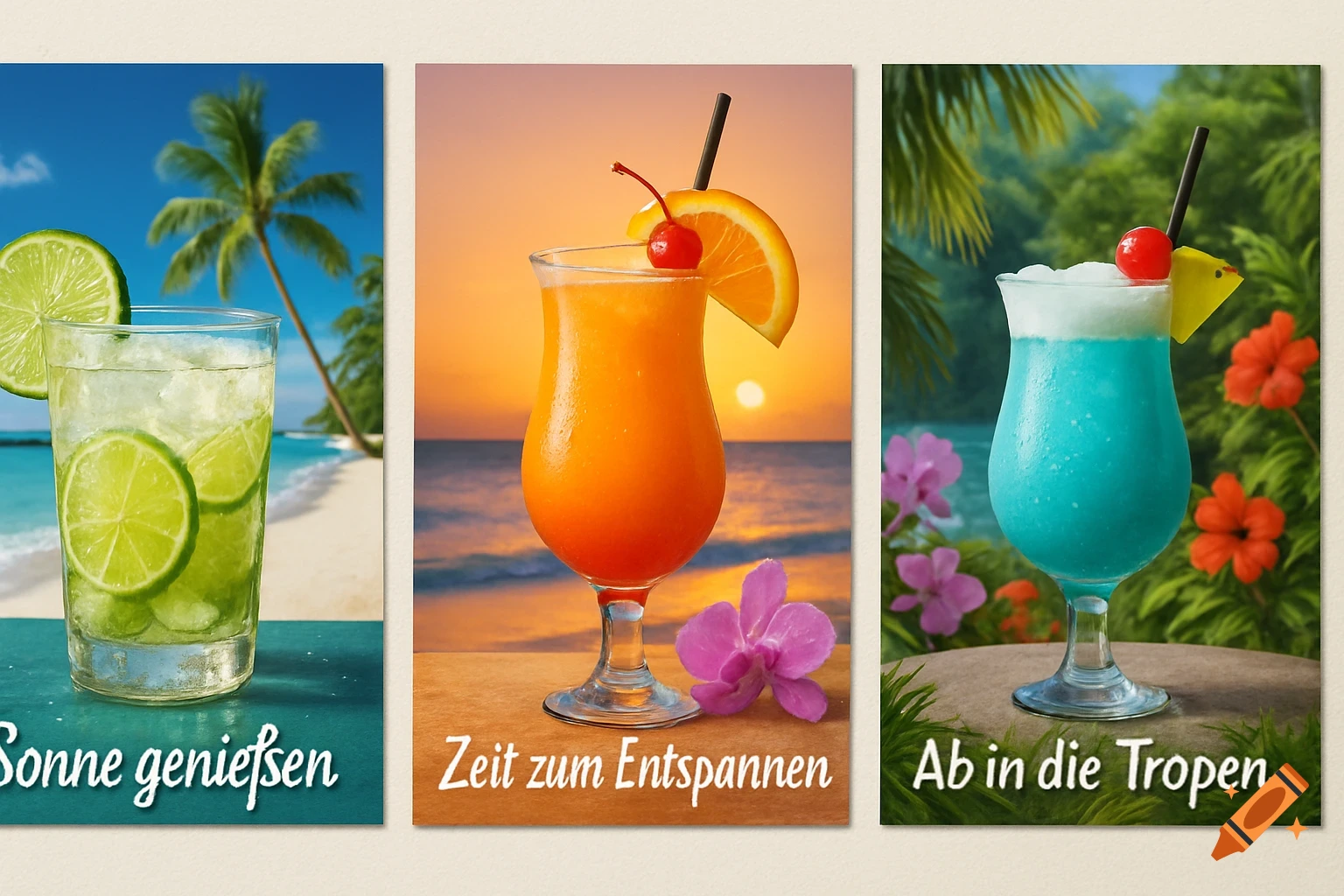 Three photorealistic postcards, each showing a tropical cocktail with lime, orange, or pineapple on a beach or tropical background, with German slogans.