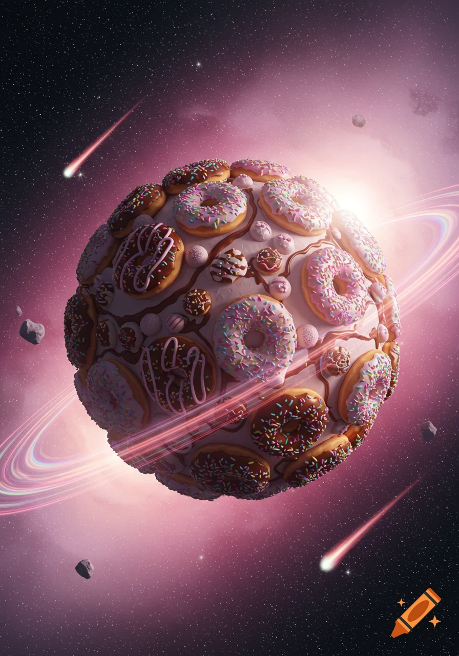 A vibrant planet covered in colorful frosted donuts and candies, with rings and asteroids, against a pink and purple star-filled galaxy.