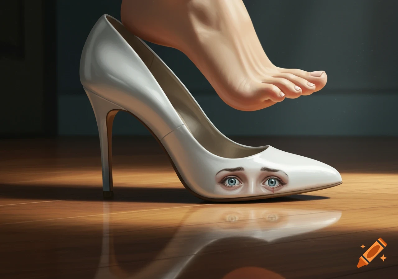A photorealistic image of a bare foot hovering above a white high-heeled shoe with a scared face painted on its toe.