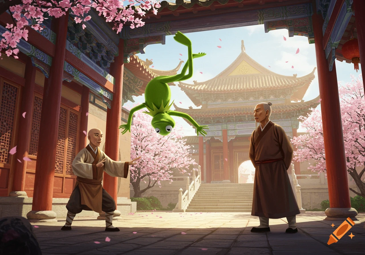 Kermit the Frog does a backflip as two monks observe in a traditional Asian temple courtyard with cherry blossoms.