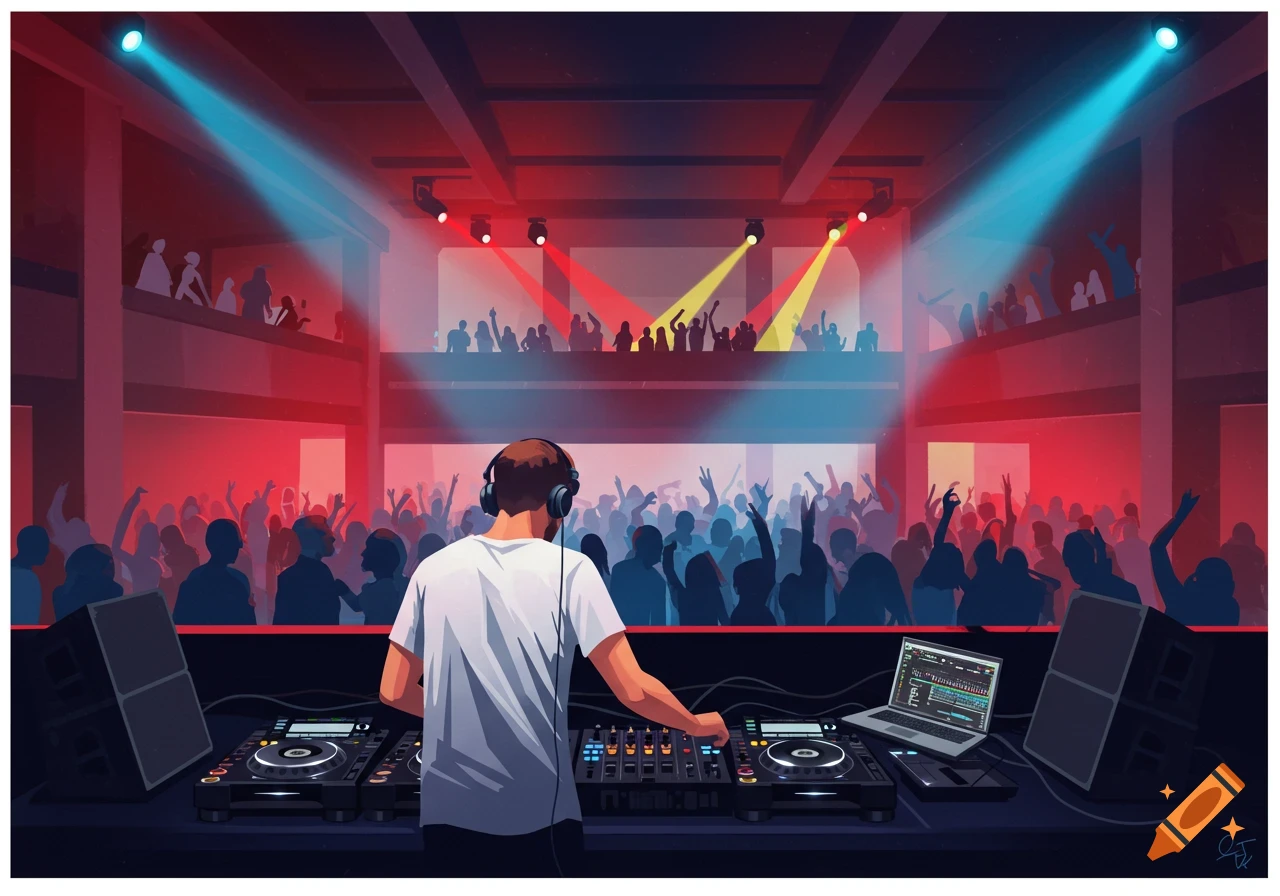 A stylized illustration of a DJ with headphones at a mixing desk, facing a dancing crowd in a red and blue lit nightclub.