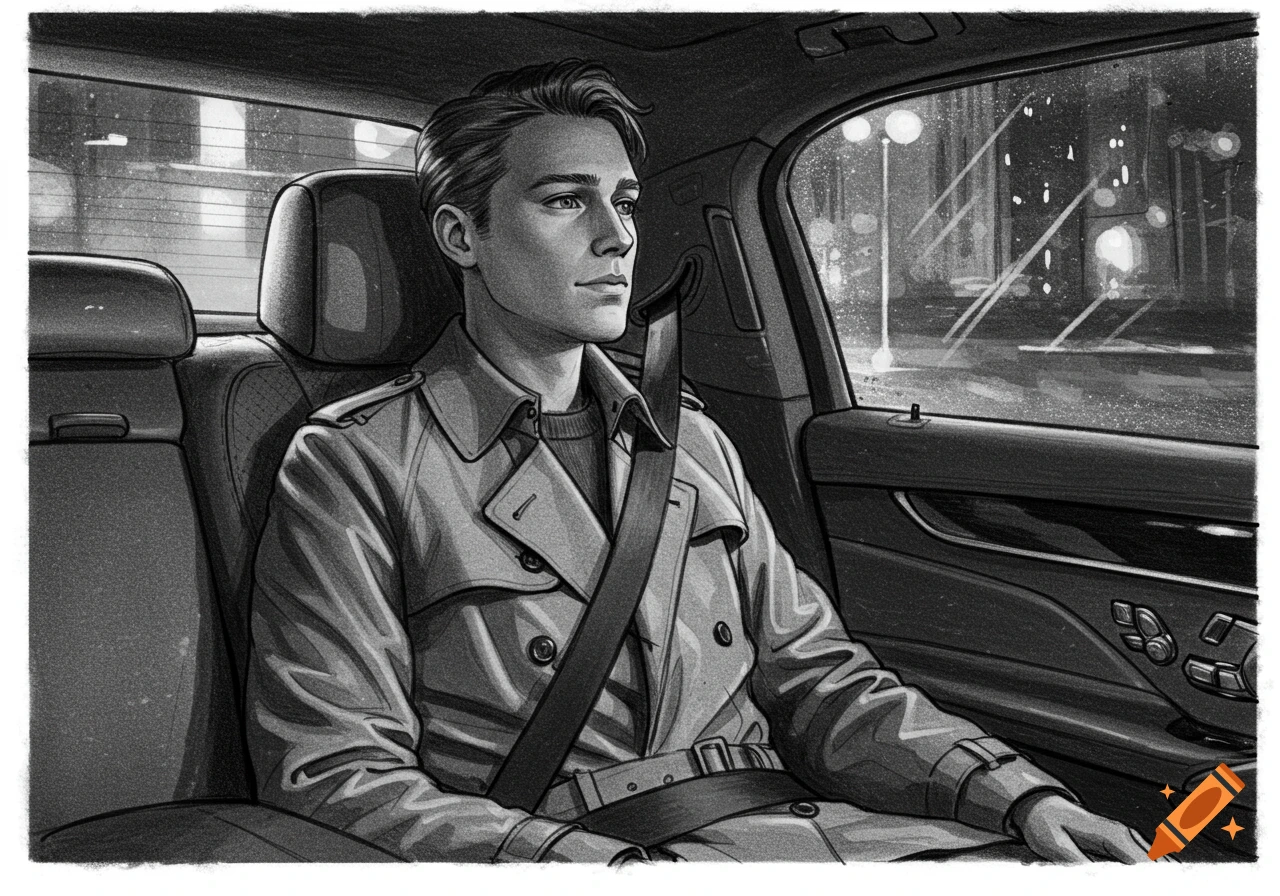 Grayscale pencil drawing of a man in a trench coat and seatbelt, looking out a car window at a rainy city night.