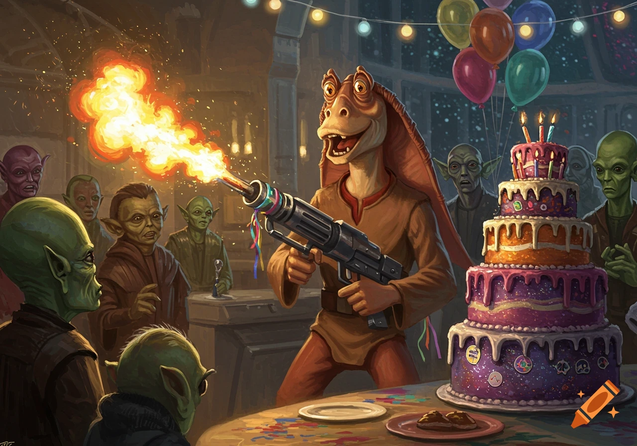 Jar Jar Binks lights birthday cake candles with a flamethrower at an alien party, illustrated fantasy art.