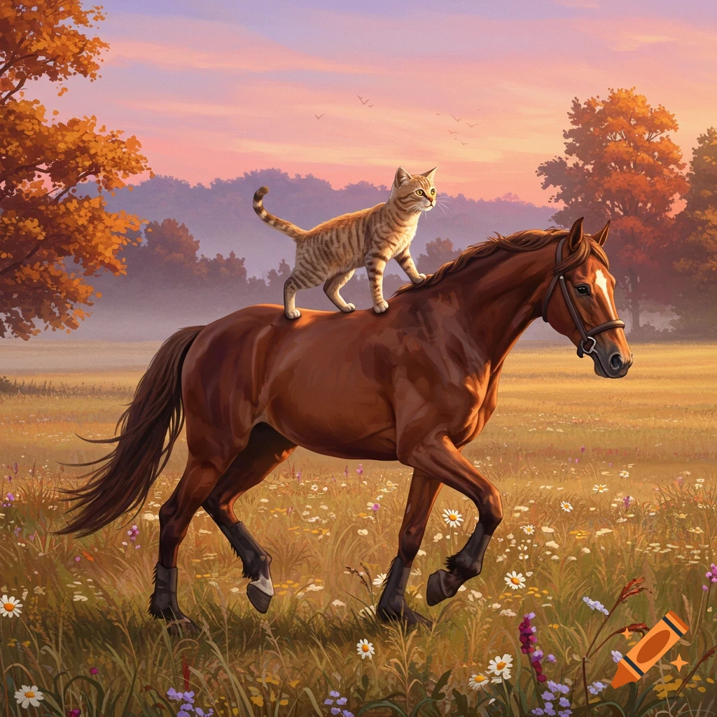 A tabby cat rides a brown horse through a grassy field with wildflowers under a colorful sunset sky.