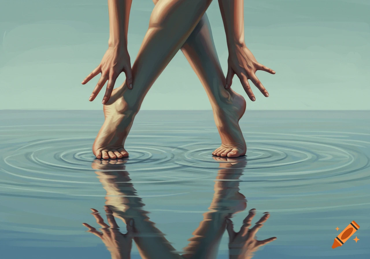 A painterly image of crossed bare legs and hands with fingers splayed, standing on tiptoes in shallow water, creating ripples, with reflections below.