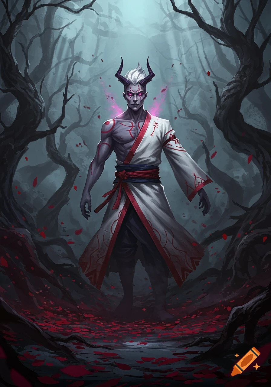 A grey-skinned man with white hair, black horns, and red markings on his body and white robes stands in a dark, leafless forest with red petals covering the ground.