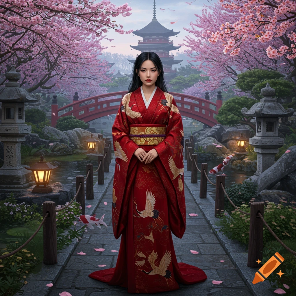 A woman in a red kimono with crane motifs stands on a stone path in a Japanese garden with cherry blossoms, a pagoda, and a red bridge.