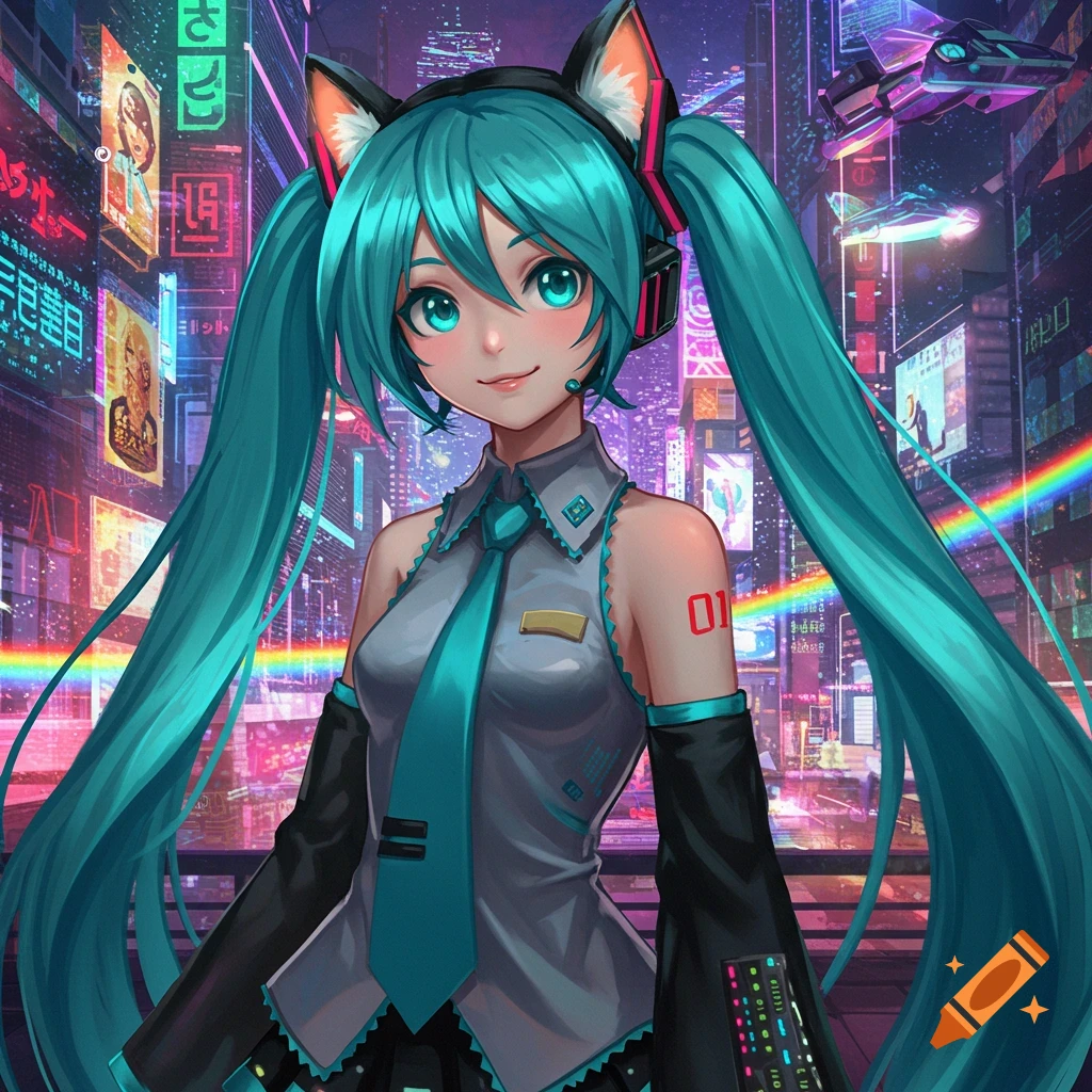 An anime character, Hatsune Miku, with long blue pigtails and cat ears, stands in a vibrant cyberpunk city at night.