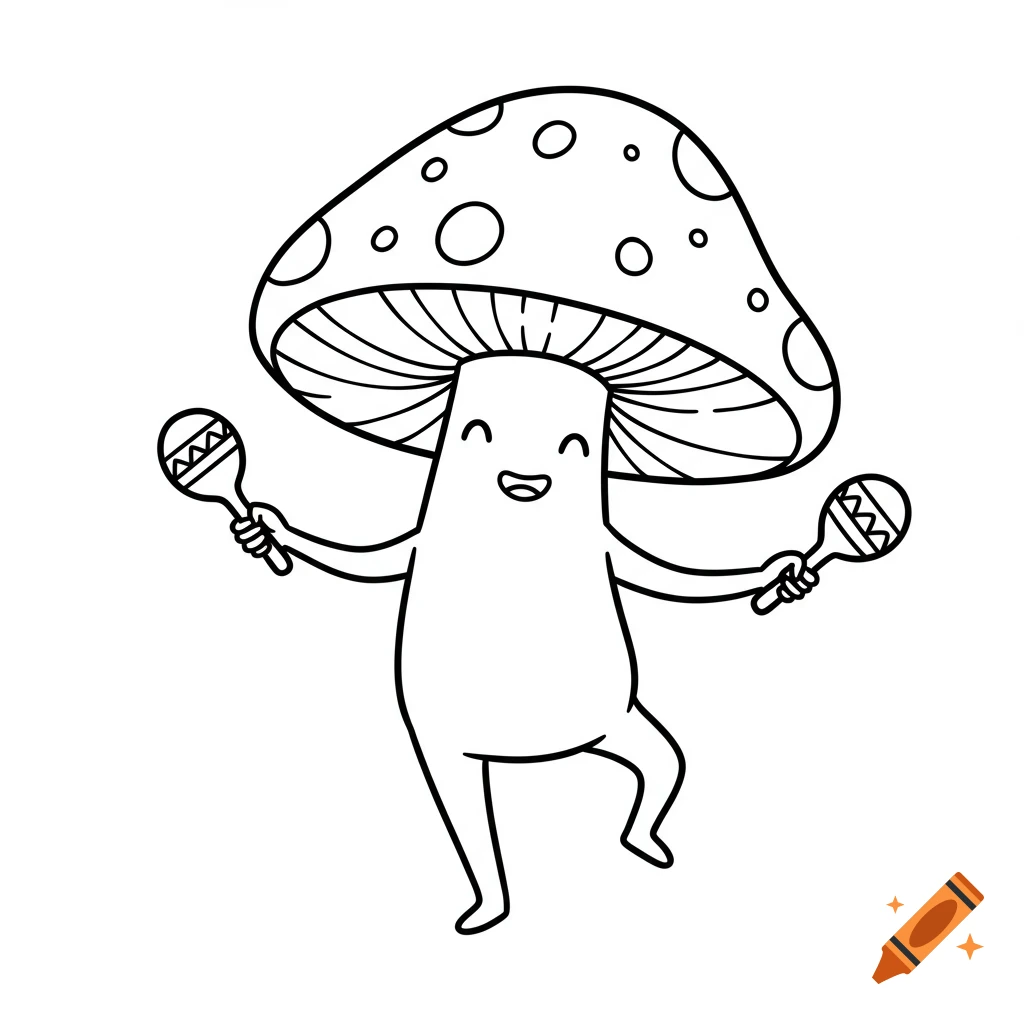A happy mushroom cartoon character dances while holding two maracas, in a black and white line art style.