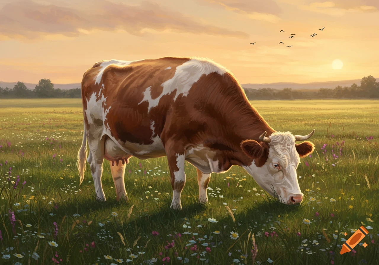 A brown and white cow grazes in a lush wildflower field during a vibrant sunset.