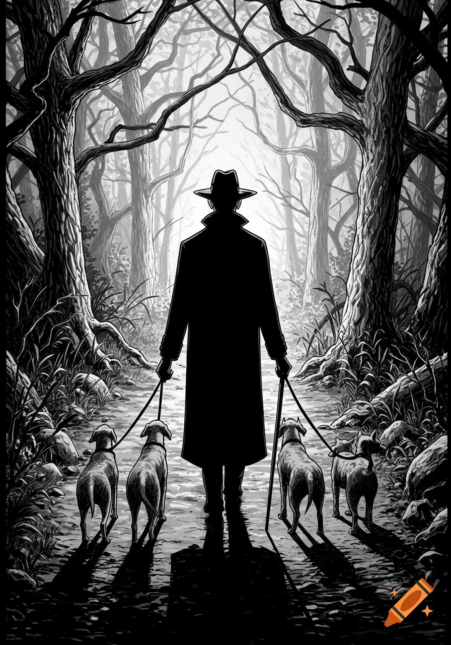 A silhouetted figure in a hat and trench coat walks four dogs through a misty, gnarled forest path in black and white line art style.