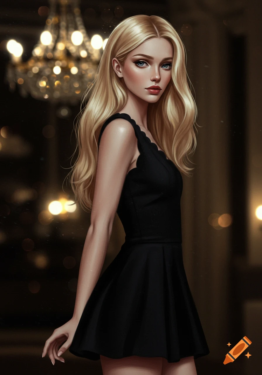 Digital art of a fair-skinned woman with long blonde hair in a sleeveless black dress, against a blurry background with chandeliers.