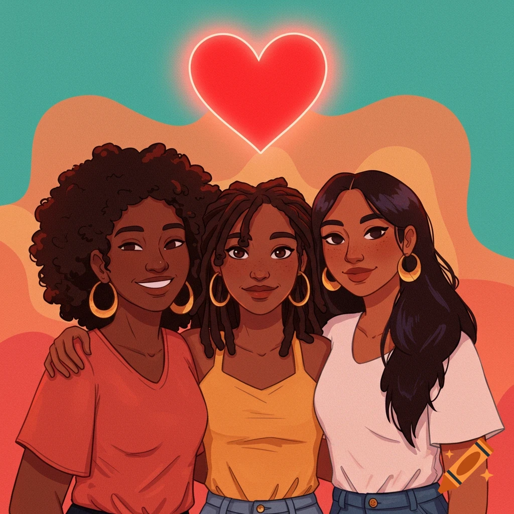 Digital illustration of three smiling women, two Black and one with long dark hair, embracing. A glowing red heart floats above a colorful background.